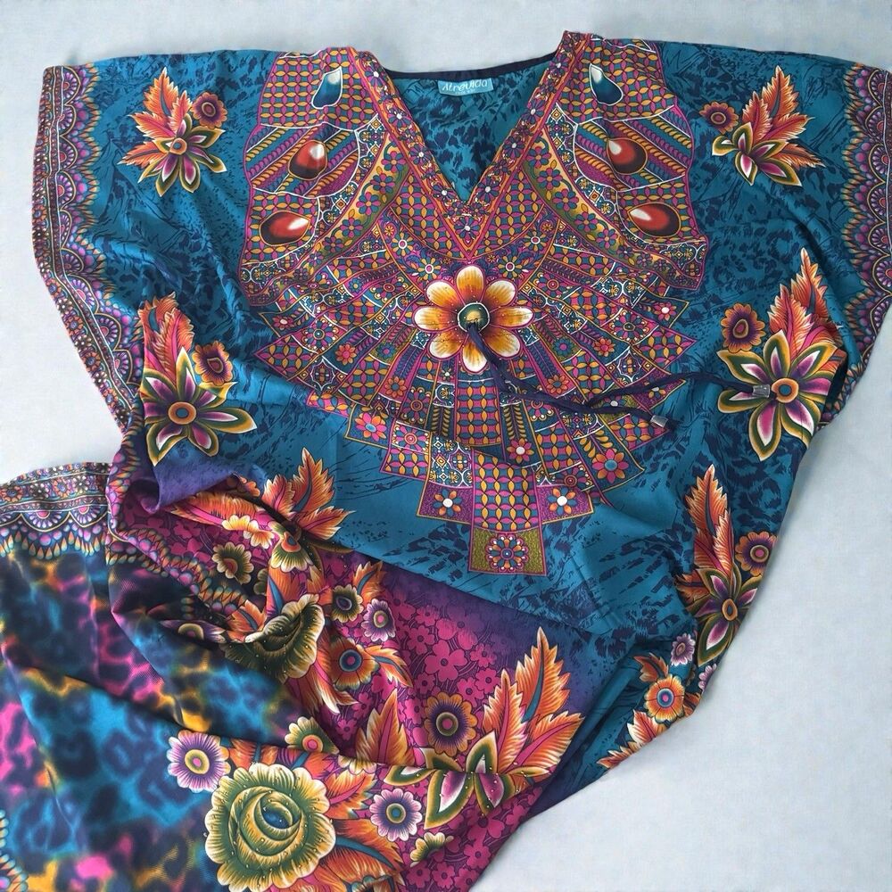 Atrevida Kaftan Maxi Dress Women OS Blue Multi Excellent Floral Boho Loungewear